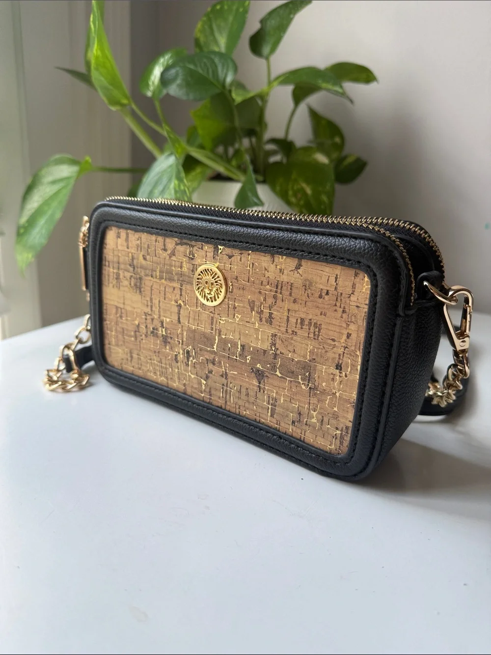 Anne Klein Gold Cork-Effect Crossbody Bag with Black Trim